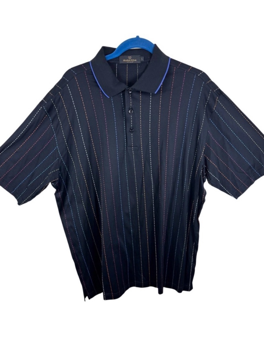 Bugatchi Uomo Mens Large Polo Shirt Black Mercerized Cotton Multi Color Stripe